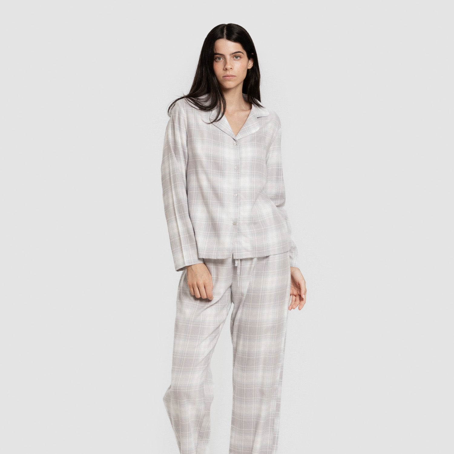 Pijama franela manga larga camisero mujer Cuadro Portland celeste