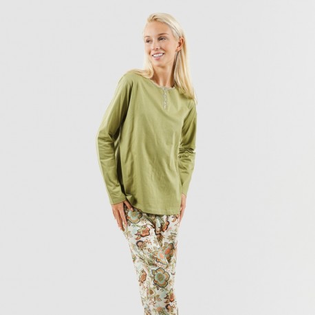 Pigiama lungo cotone Estefania verde militare pigiami-lunghi-donna