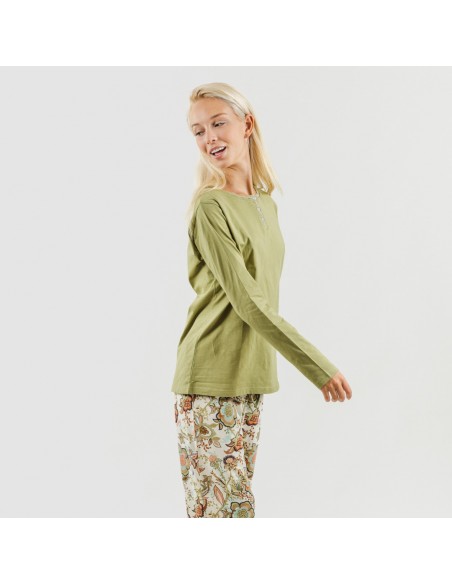 Pigiama lungo cotone Estefania verde militare pigiami-lunghi-donna
