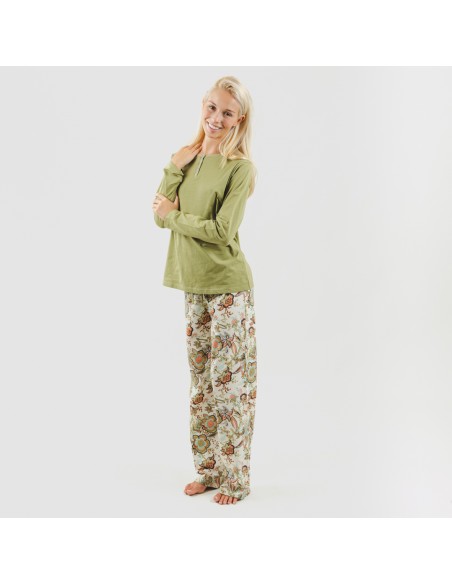 Pigiama lungo cotone Estefania verde militare pigiami-lunghi-donna