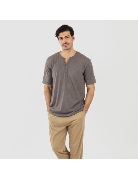 Pigiama lungo uomo manica corta con bottoni grigio - sabbia