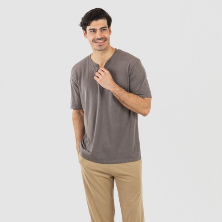 Pigiama lungo uomo manica corta con bottoni grigio - sabbia