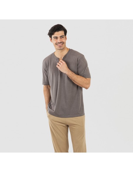 Pigiama lungo uomo manica corta con bottoni grigio - sabbia