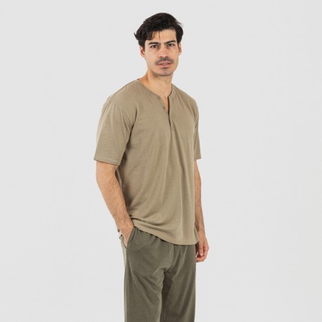 Pigiama lungo uomo manica corta con bottoni verde militare - verde scuro