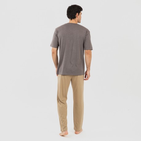 Pigiama lungo uomo manica corta con bottoni grigio - sabbia