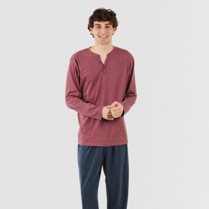 Pigiama lungo uomo con bottoni bordeaux - blu navy 2