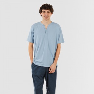 Pigiama lungo uomo manica corta con bottoni indaco - blu navy