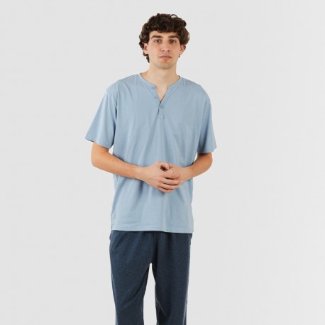 Pigiama lungo uomo manica corta con bottoni indaco - blu navy