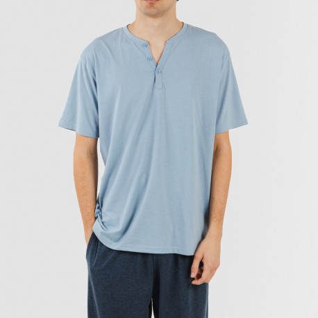 Pigiama lungo uomo manica corta con bottoni indaco - blu navy