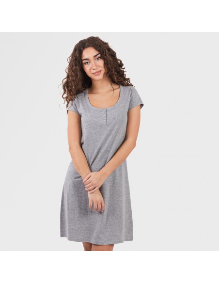 Vestito manica corta con bottoni in cotone tinta unita