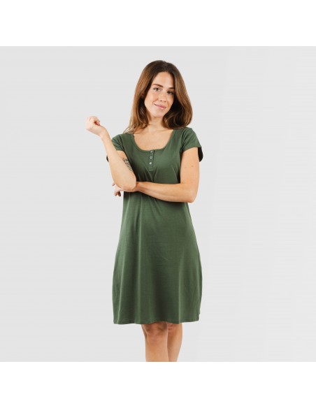 Vestito manica corta con bottoni in cotone tinta unita