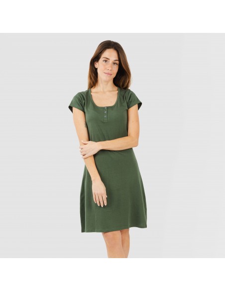 Vestito manica corta con bottoni in cotone tinta unita