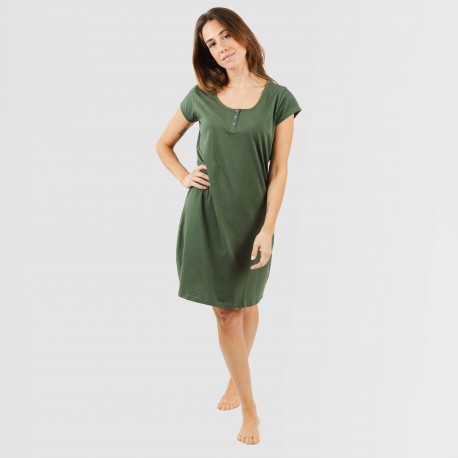 Vestito manica corta con bottoni in cotone tinta unita