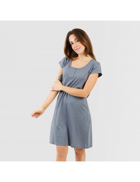 Vestito manica corta con bottoni in cotone tinta unita