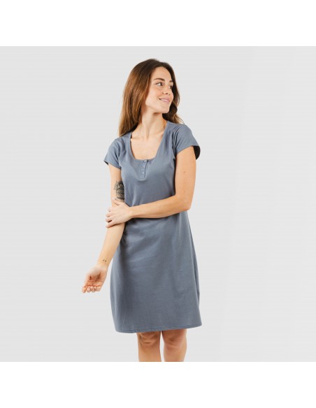 Vestito manica corta con bottoni in cotone tinta unita