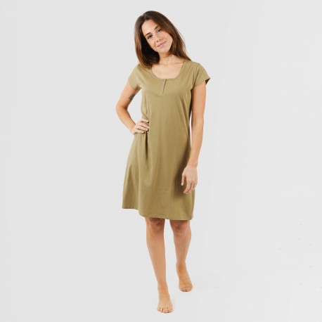 Vestito manica corta con bottoni in cotone tinta unita