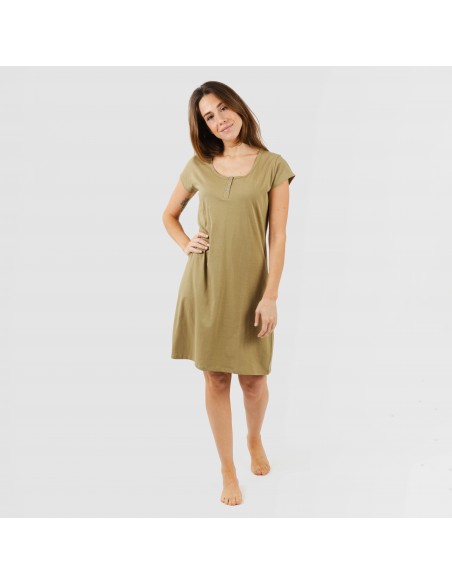 Vestito manica corta con bottoni in cotone tinta unita