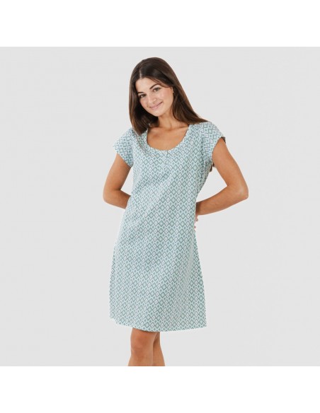 Vestito manica corta con bottoni cotone Bianca verde menta Vestito manica corta con bottoni cotone Bianca verde menta