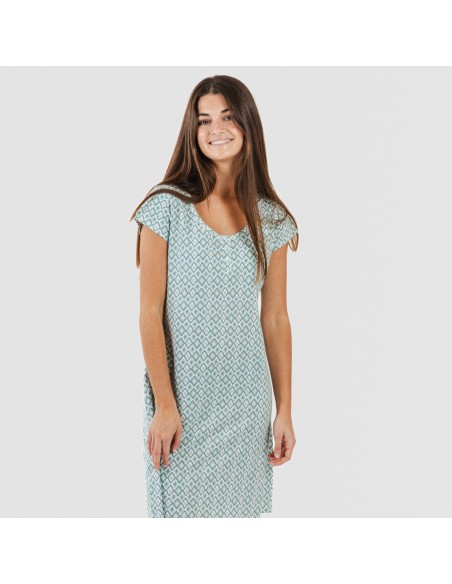 Vestito manica corta con bottoni cotone Bianca verde menta Vestito manica corta con bottoni cotone Bianca verde menta