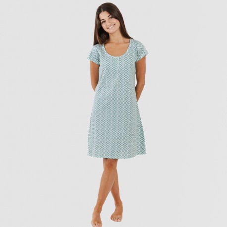 Vestito manica corta con bottoni cotone Bianca verde menta