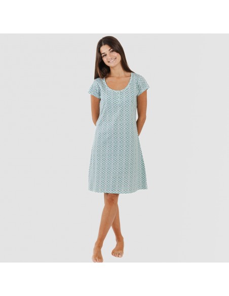 Vestito manica corta con bottoni cotone Bianca verde menta Vestito manica corta con bottoni cotone Bianca verde menta