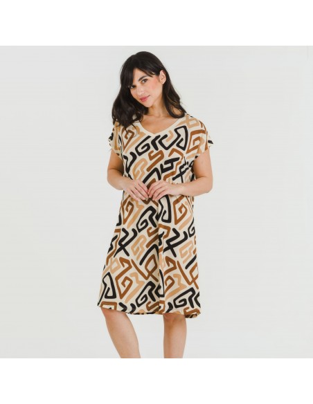 Vestito corto manica ampia crêpe Domeka marrone nero Vestito corto manica ampia crêpe Domeka marrone nero