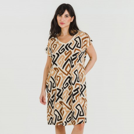 Vestito corto manica ampia crêpe Domeka marrone nero