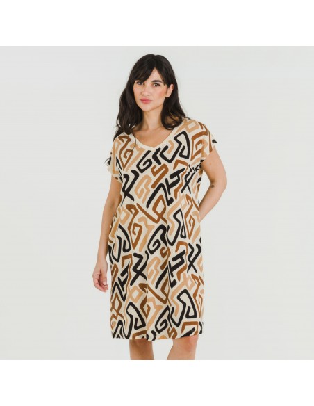 Vestito corto manica ampia crêpe Domeka marrone nero Vestito corto manica ampia crêpe Domeka marrone nero