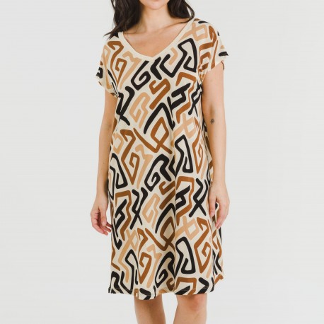 Vestito corto manica ampia crêpe Domeka marrone nero