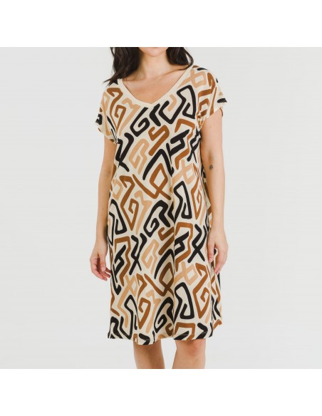 Vestito corto manica ampia crêpe Domeka marrone nero Vestito corto manica ampia crêpe Domeka marrone nero