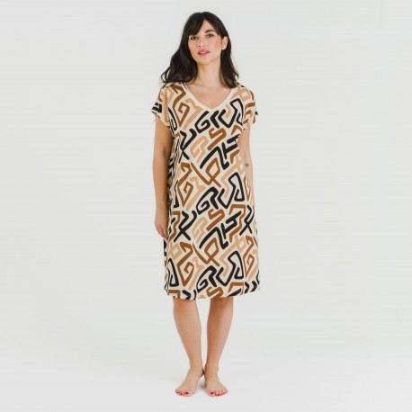 Vestito corto manica ampia crêpe Domeka marrone nero