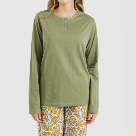 Pigiama lungo cotone Venus verde militare