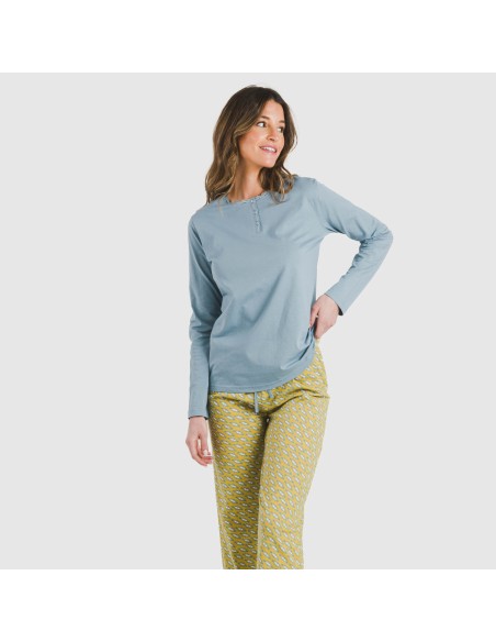 Pigiama lungo cotone Sisena blu acqua Pigiama lungo cotone Sisena blu acqua