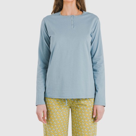 Pigiama lungo cotone Sisena blu acqua