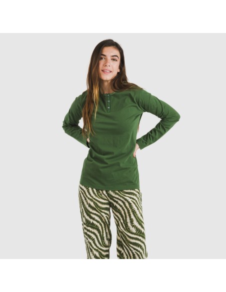 Pigiama lungo cotone Print verde militare Pigiama lungo cotone Print verde militare