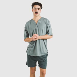 Pigiama corto uomo con bottoni verde azzurro chiaro - scuro