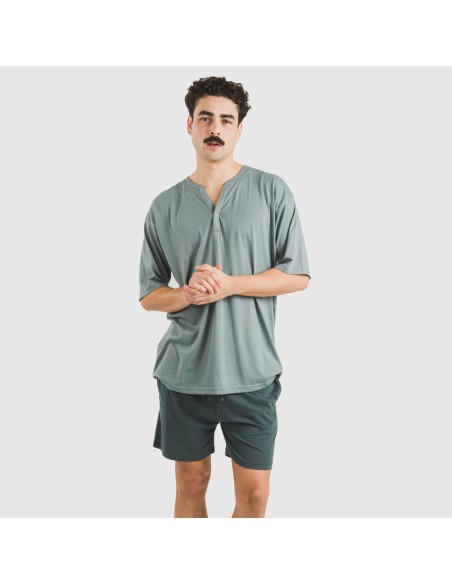 Pigiama corto uomo con bottoni verde azzurro chiaro - scuro