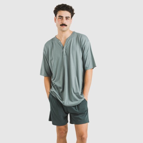 Pigiama corto uomo con bottoni verde azzurro chiaro - scuro