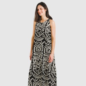 Vestito lungo con spalline crêpe Agara beige - nero