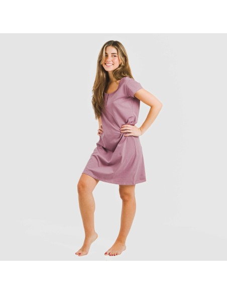 Vestito manica corta con bottoni in cotone tinta unita