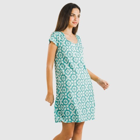 Vestito manica corta con bottoni cotone Eugenia blu acqua