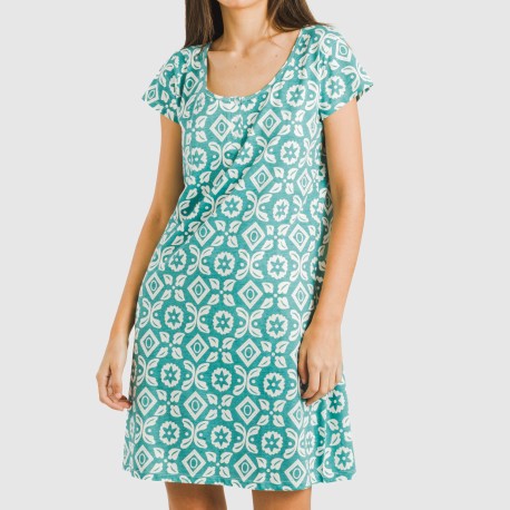 Vestito manica corta con bottoni cotone Eugenia blu acqua