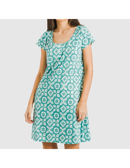 Vestito manica corta con bottoni cotone Eugenia blu acqua