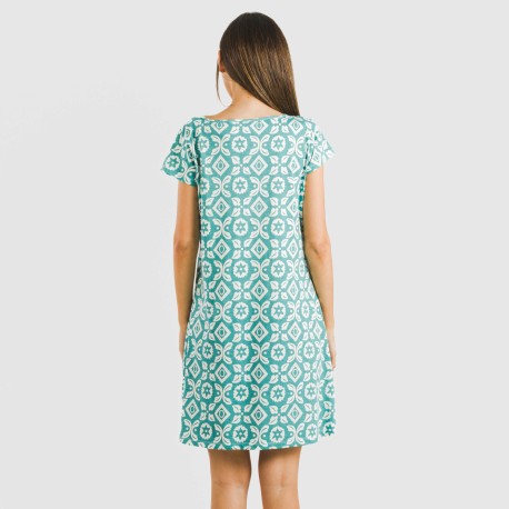 Vestito manica corta con bottoni cotone Eugenia blu acqua