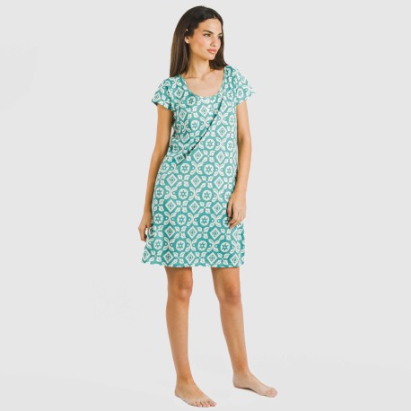 Vestito manica corta con bottoni cotone Eugenia blu acqua