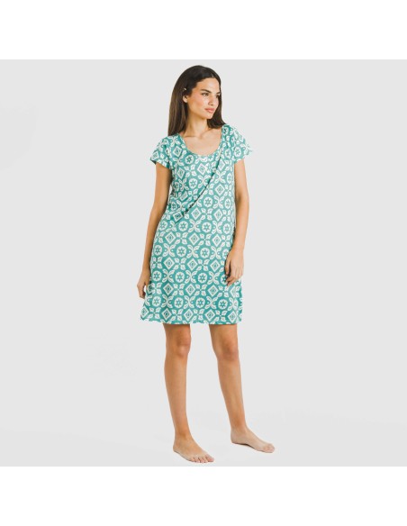 Vestito manica corta con bottoni cotone Eugenia blu acqua