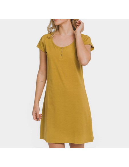 Vestito manica corta con bottoni in cotone tinta unita