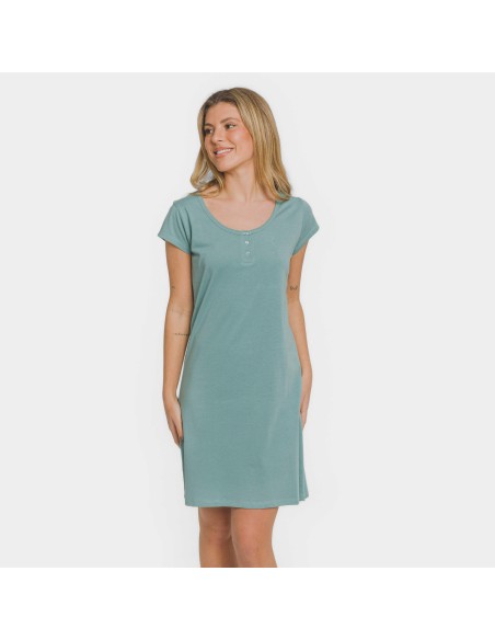 Vestito manica corta con bottoni in cotone tinta unita