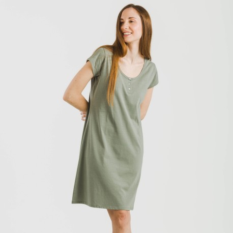 Vestito manica corta con bottoni in cotone tinta unita