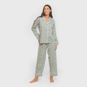 Pigiama lungo giacca cotone donna Eugenia verde keike 2